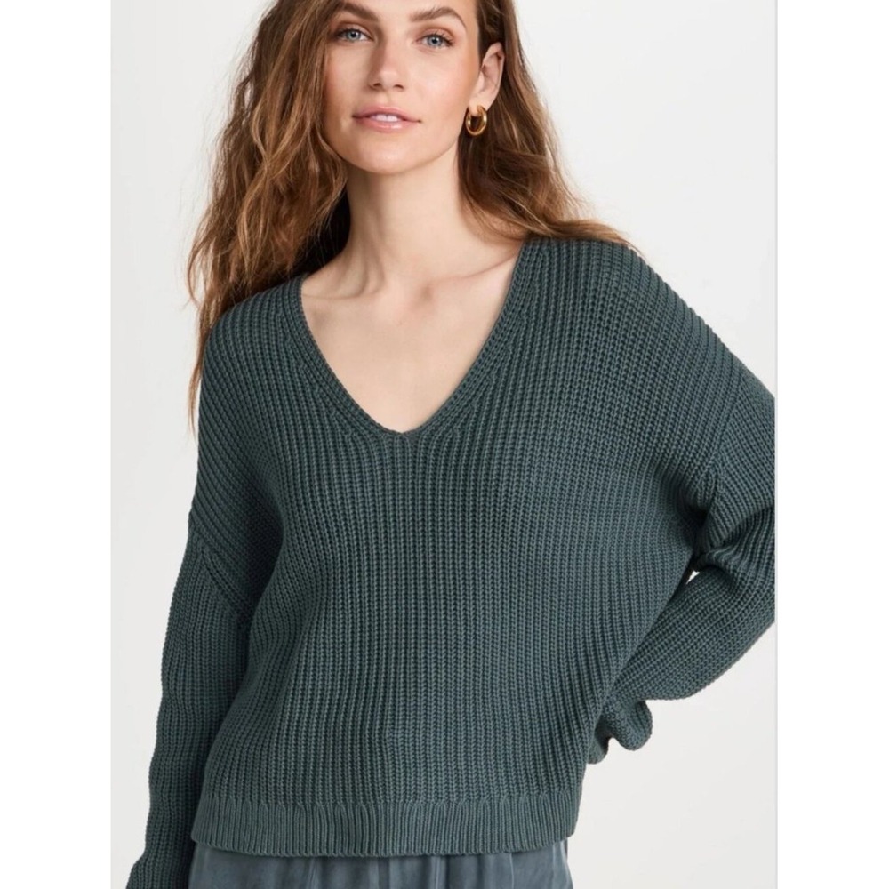 Jenni Kayne Sweater XL Green Cabin Organic Cotton Fisherman Knit Cropped Casual